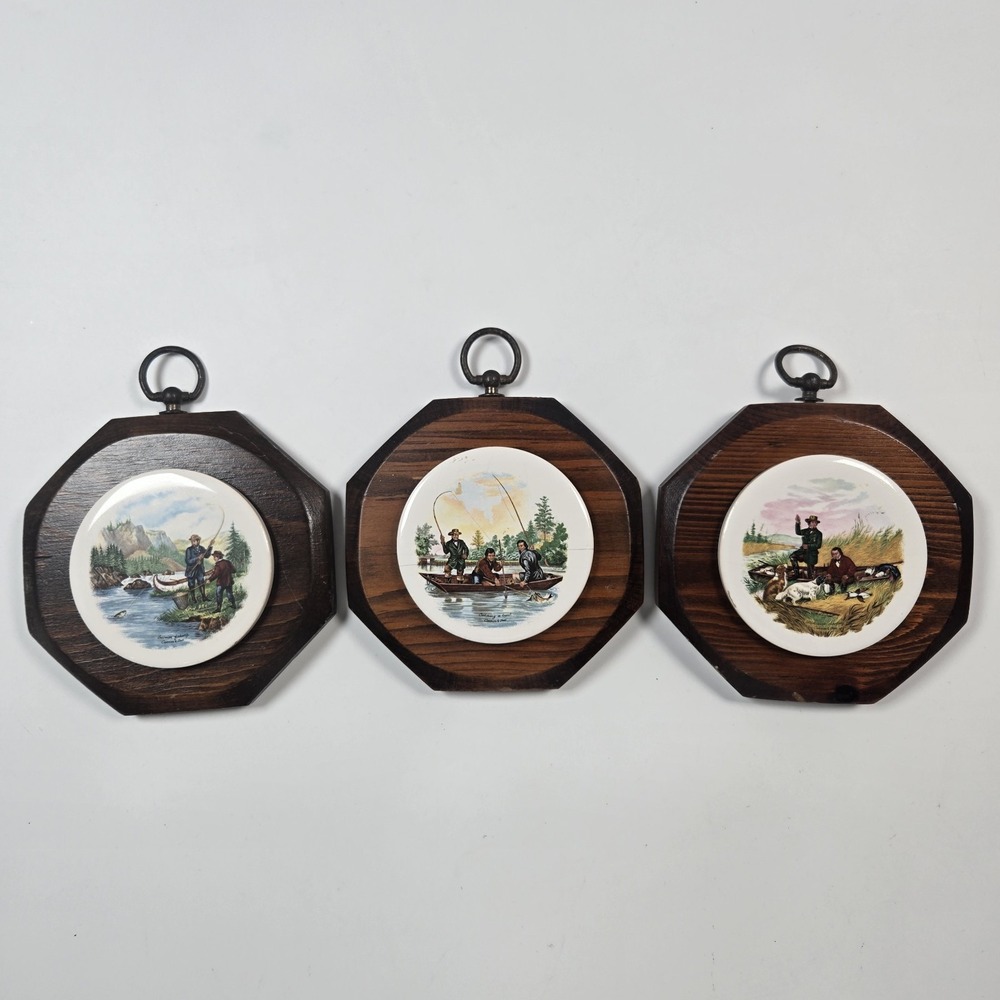VTG Decorative Porcelain Mini Plates Mounted Wooden Wall Plaques Mid Century